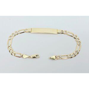 Unique 14K Two Tone Multi Color Gold Diamond Cut Figaro Link ID Bracelet 8.25" L